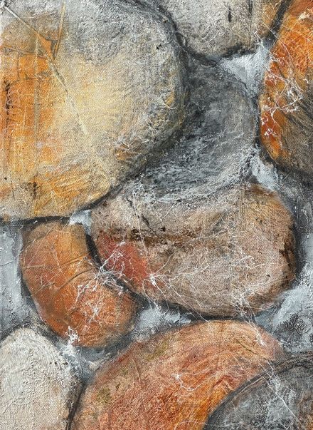 Heike Bischof, Flusskiesel, 2026, Mischtechnik mit Enkaustik auf Leinwand, 80 x 40 cm Heike Bischof, Flusskiesel, 2026, Mischtechnik mit Enkaustik auf Leinwand, 80 x 40 cm